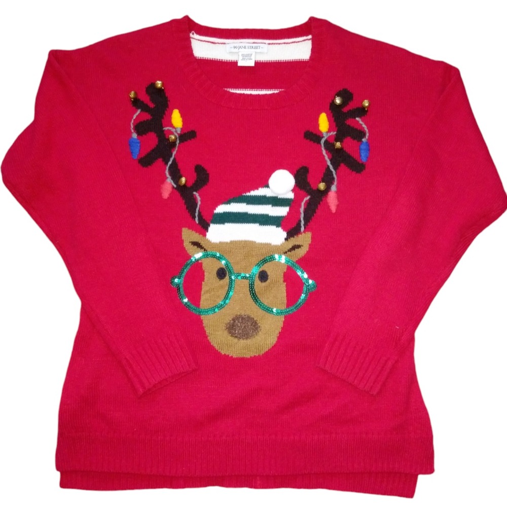 Trendy Deer Christmas SWEATER‎ SIZE L CHRISTMAS GIFT, PARTY Fun Glasses